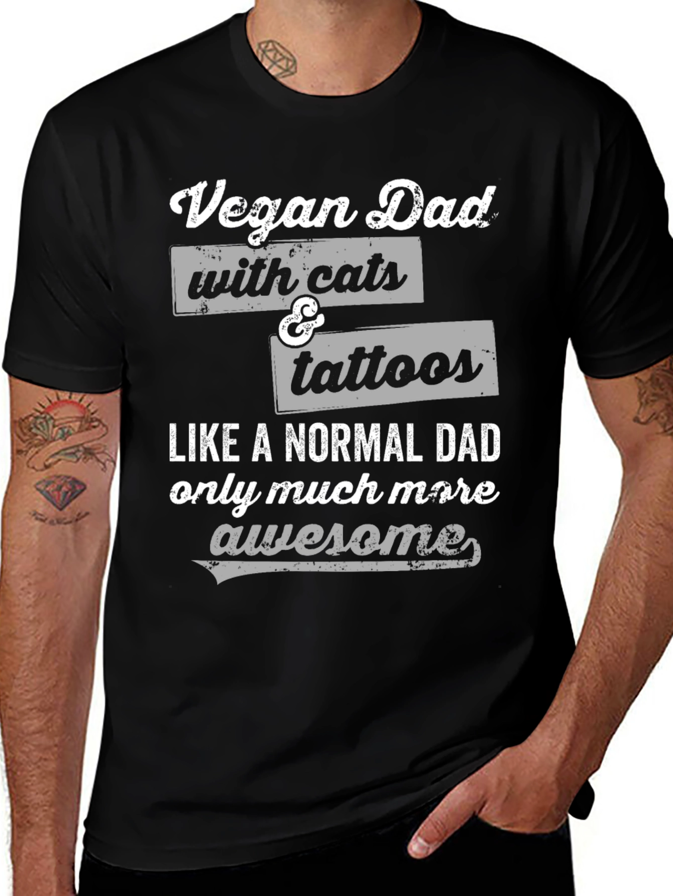 Vegan Dad with Cats & Tattoos Funny Graphic T-Shirt