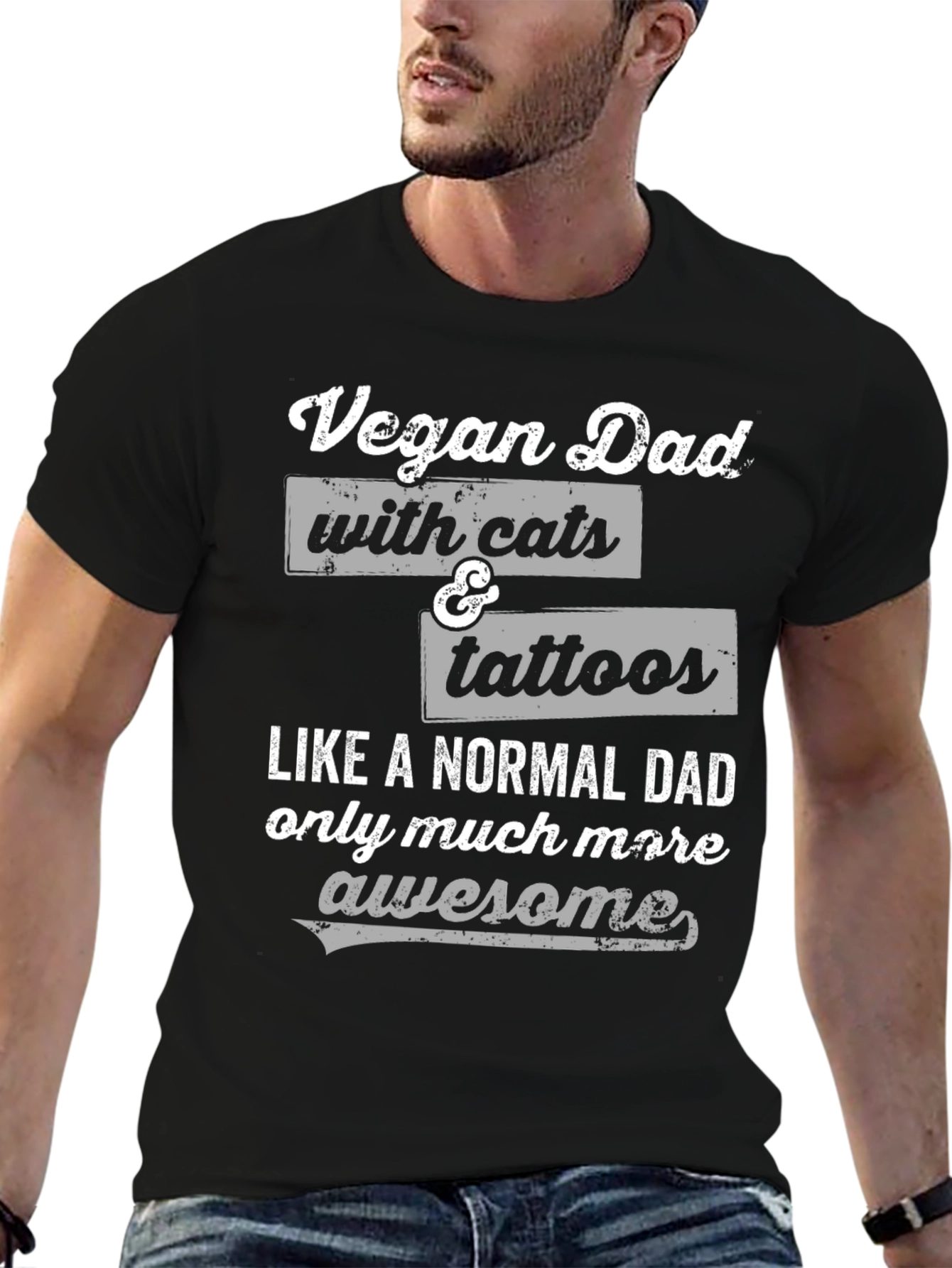 Vegan Dad with Cats & Tattoos Funny Graphic T-Shirt