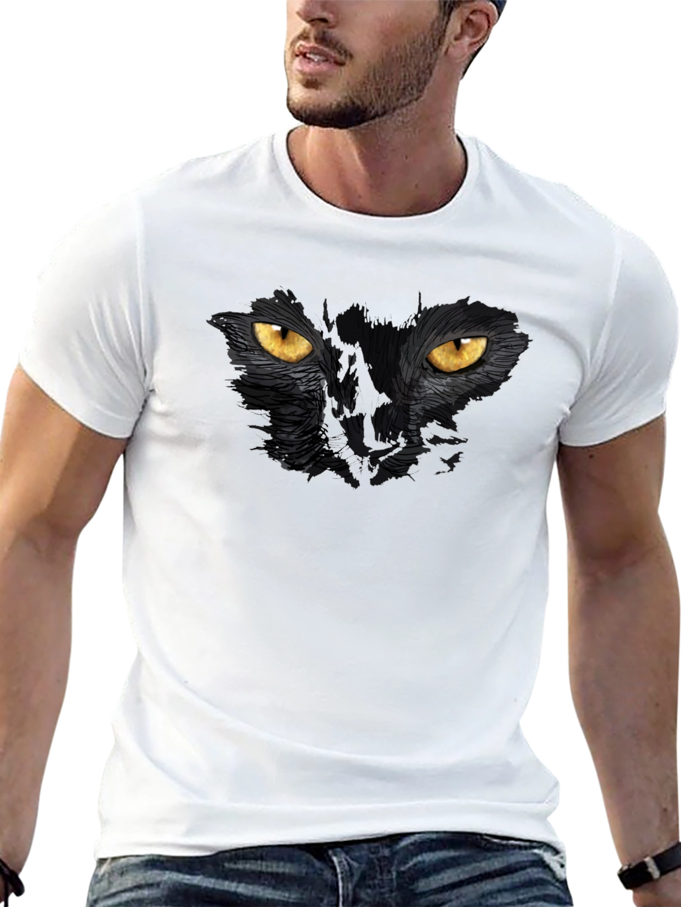 Black Cat Eyes Graphic T-Shirt - Mens Casual Tee
