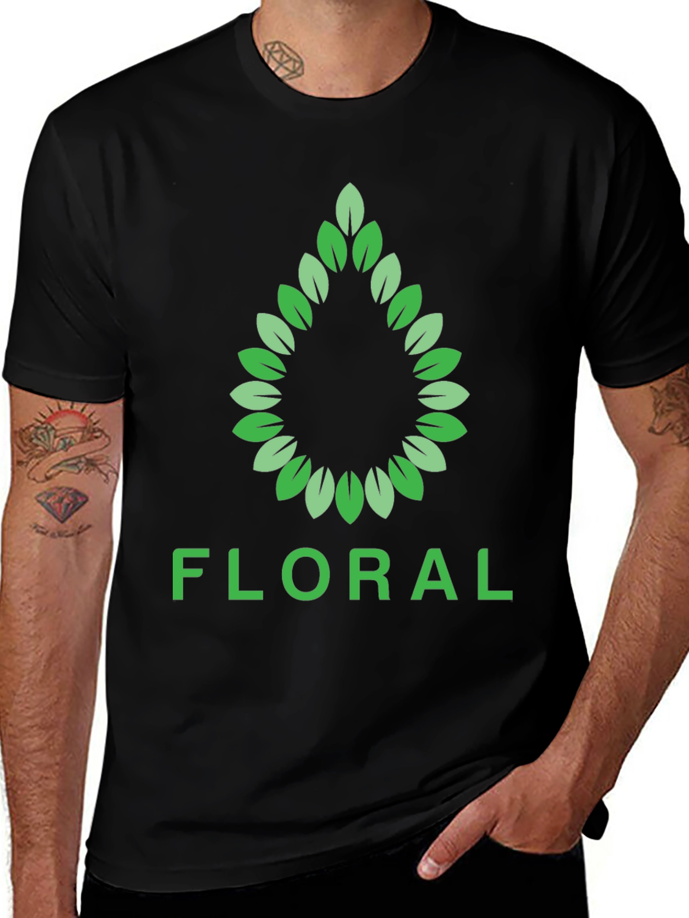 Floral Leaf Design Black T-Shirt