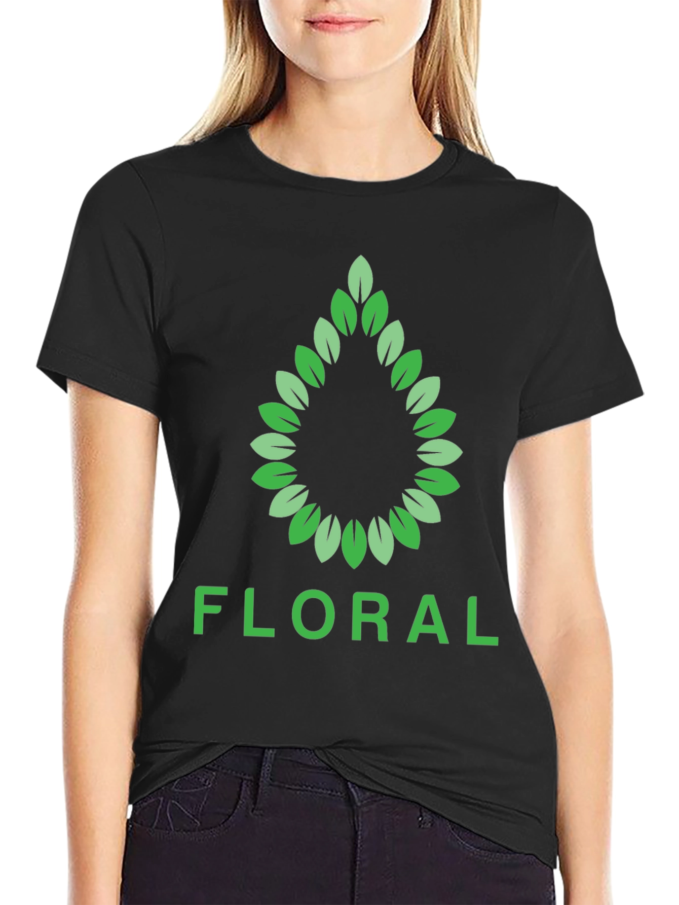 Floral Leaf Design Black T-Shirt