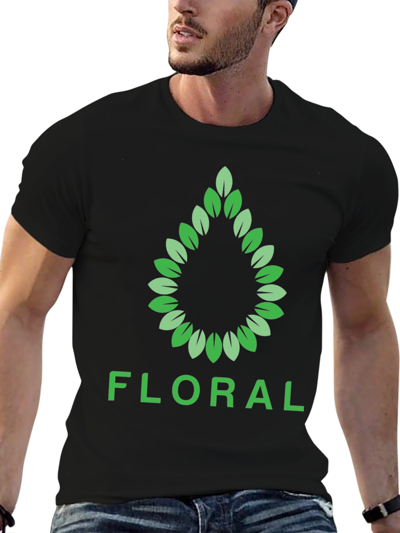 Floral Leaf Design Black T-Shirt