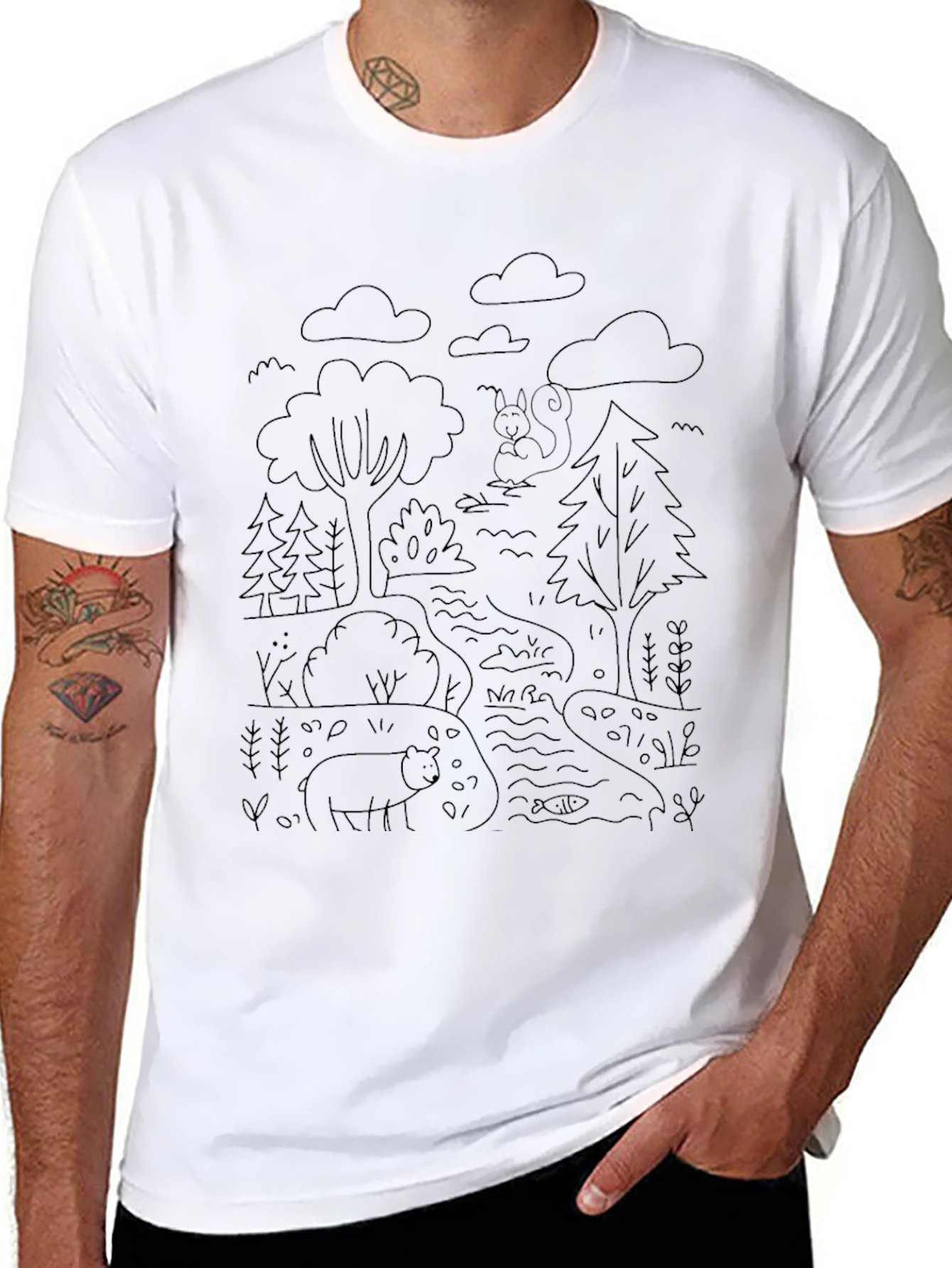 Nature Scene Graphic T-Shirt - Bear & Squirrel Design