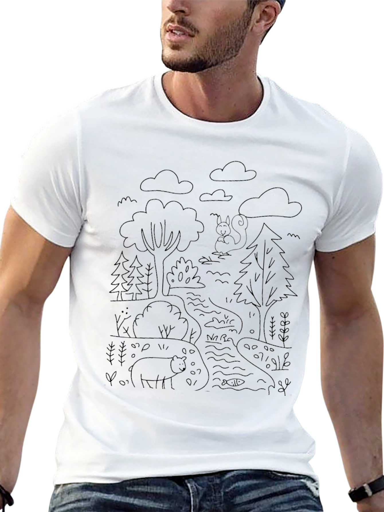 Nature Scene Graphic T-Shirt - Bear & Squirrel Design