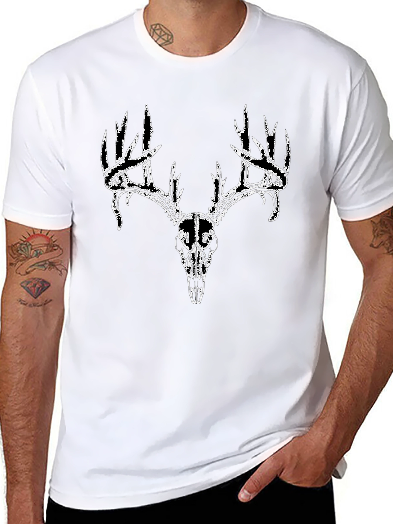 Mens Black T-Shirt with Deer Skull Graphic