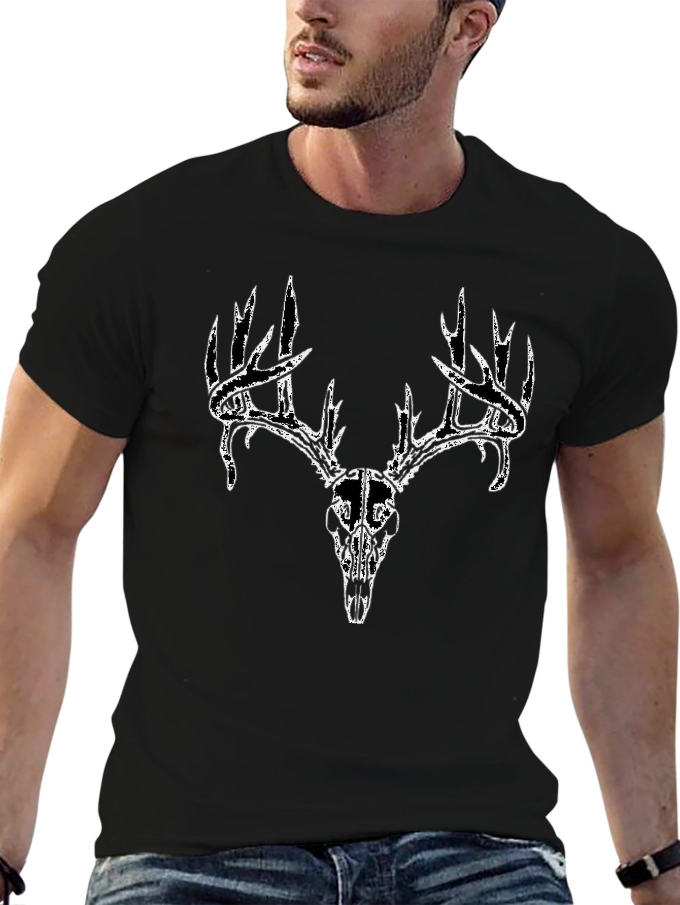 Mens Black T-Shirt with Deer Skull Graphic