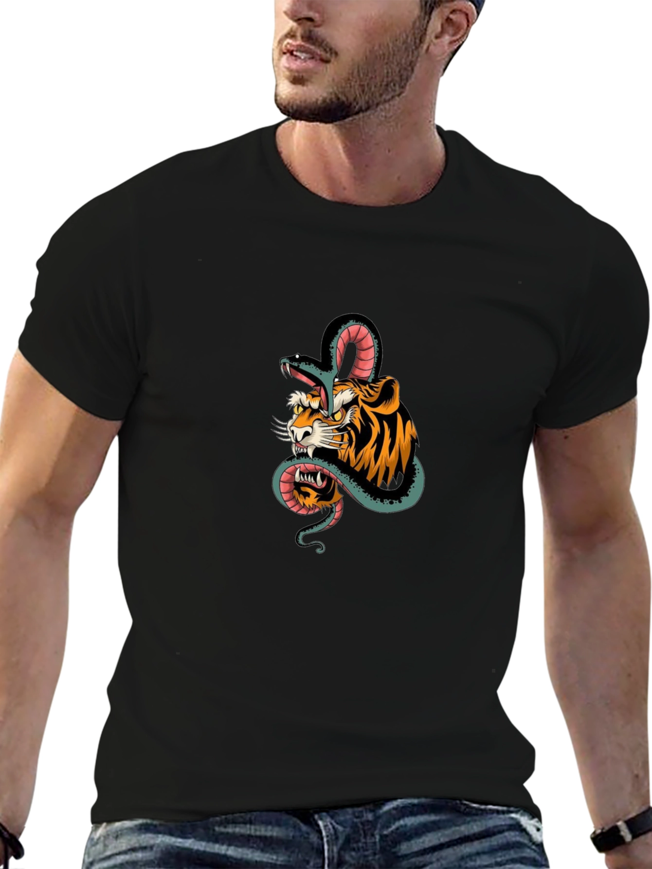 Tiger and Snake Graphic Black T-Shirt