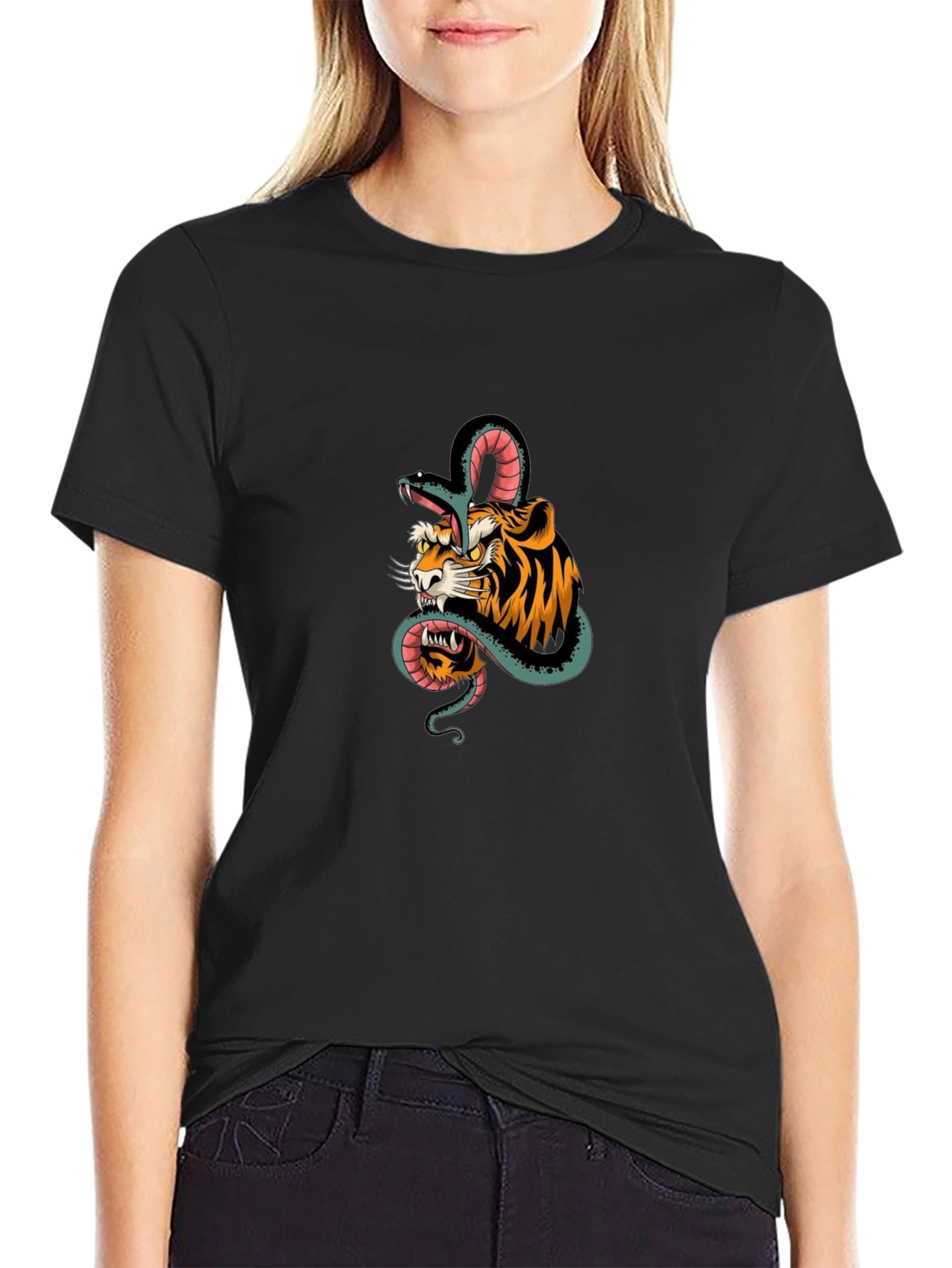 Tiger and Snake Graphic Black T-Shirt