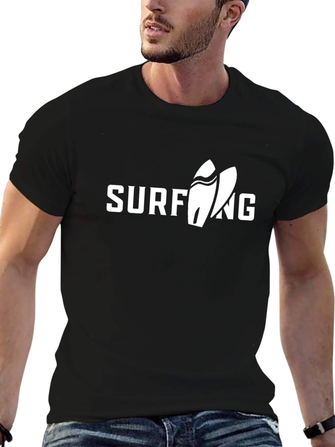 Surfing Graphic Tee - Black Cotton T-Shirt