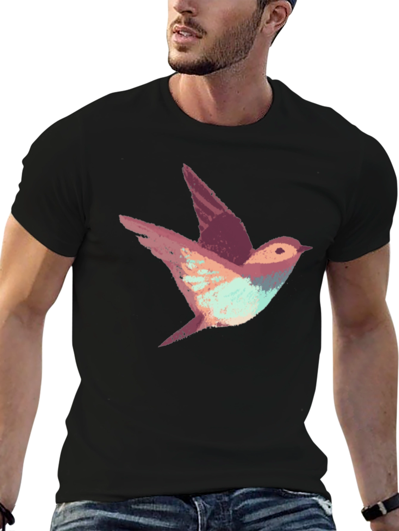 Abstract Bird Print Black T-Shirt
