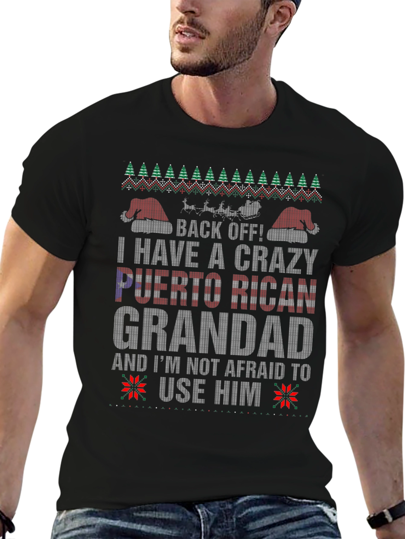 Crazy Puerto Rican Grandad Ugly Christmas T-Shirt