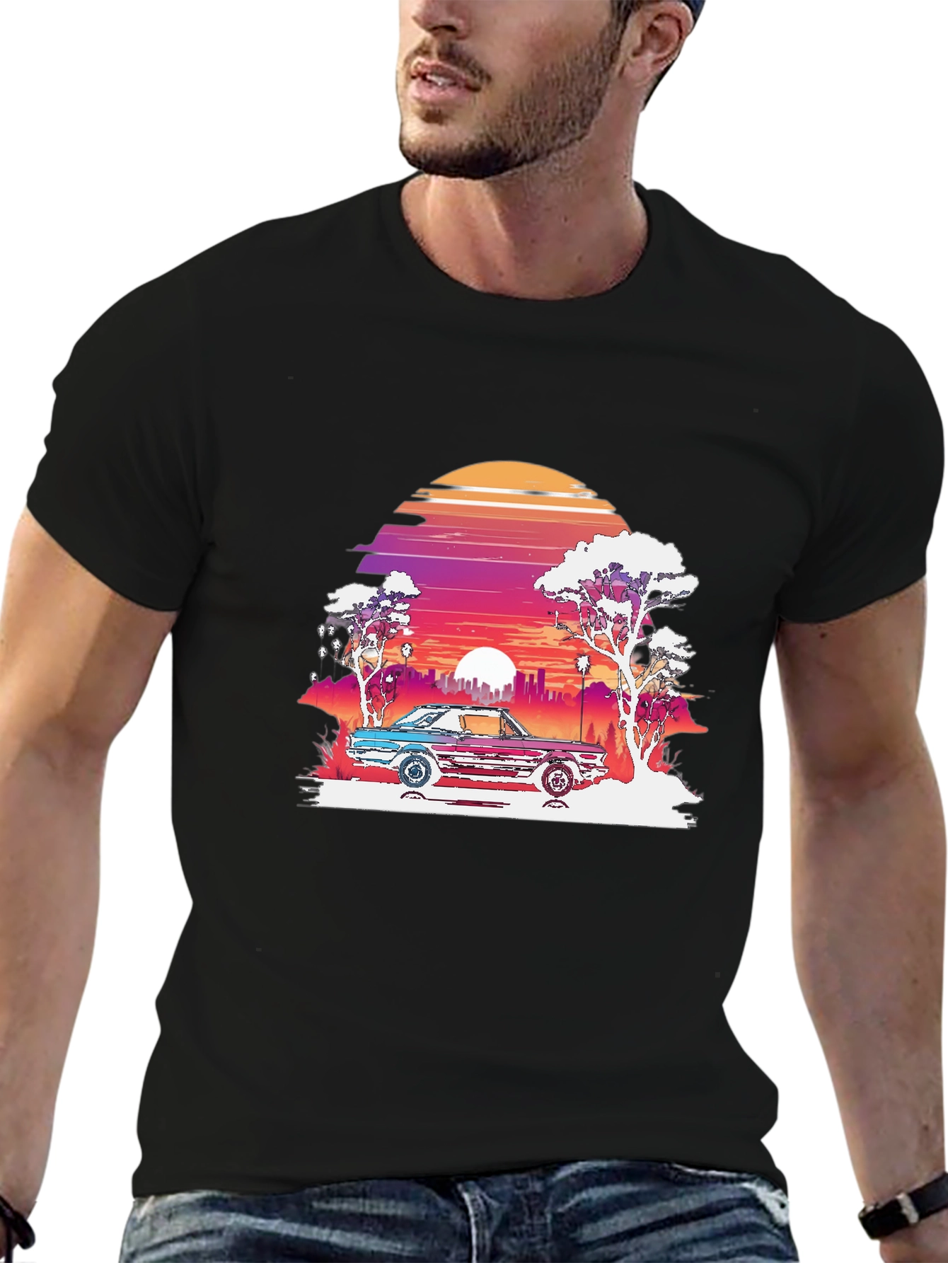 Retro Sunset Car Graphic Tee - Black