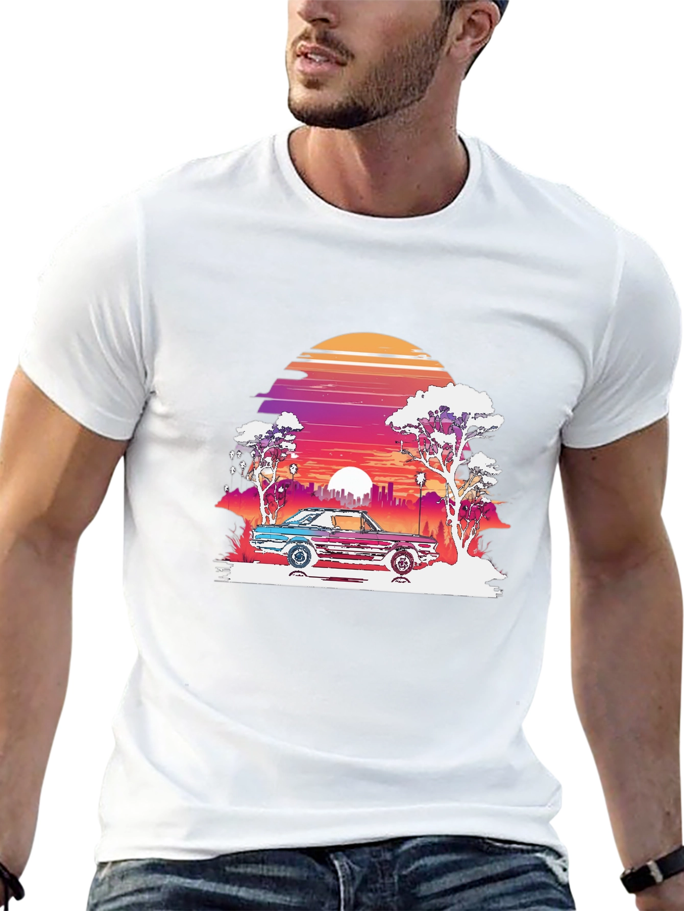 Retro Sunset Car Graphic Tee - Black