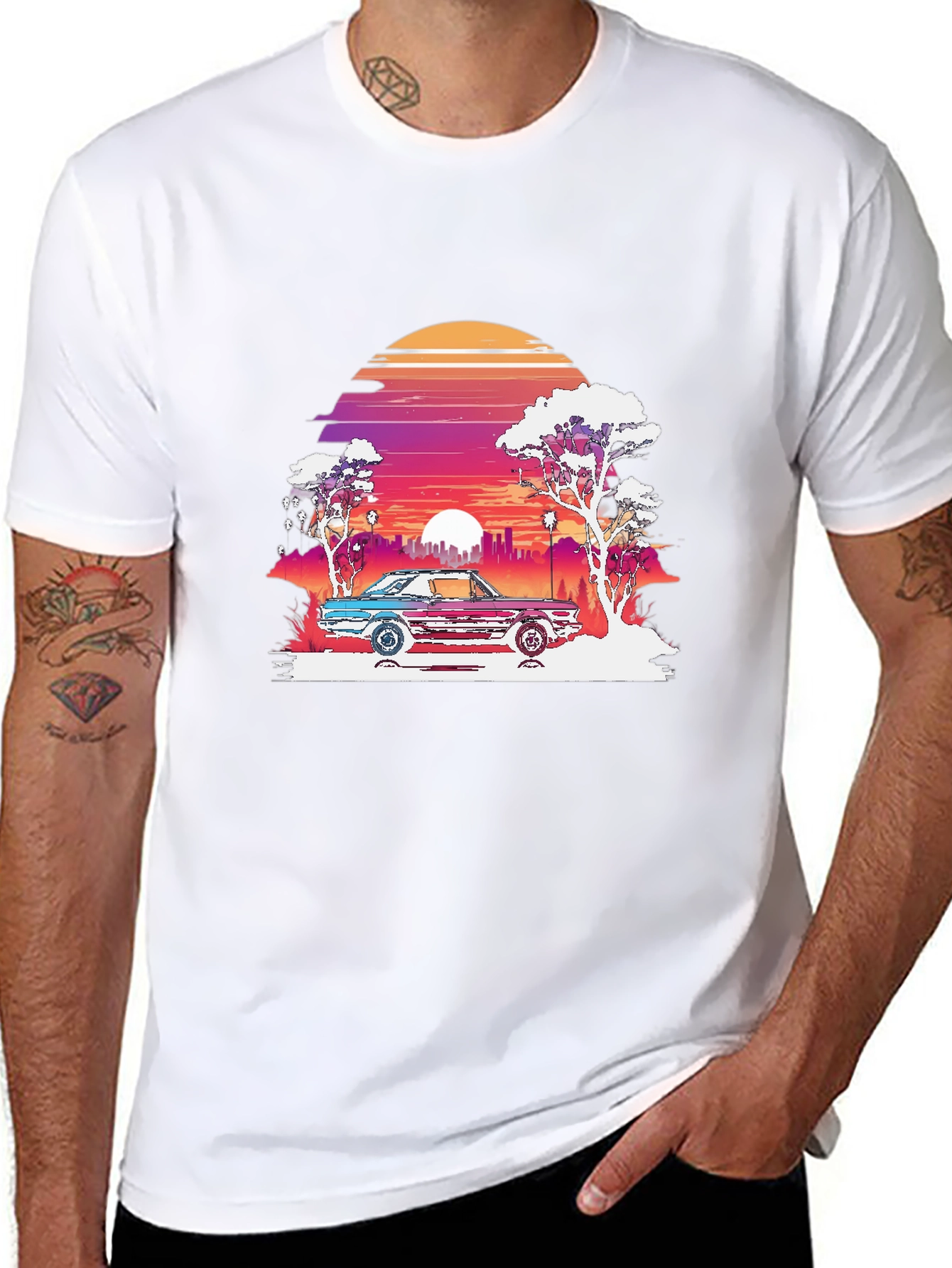 Retro Sunset Car Graphic Tee - Black
