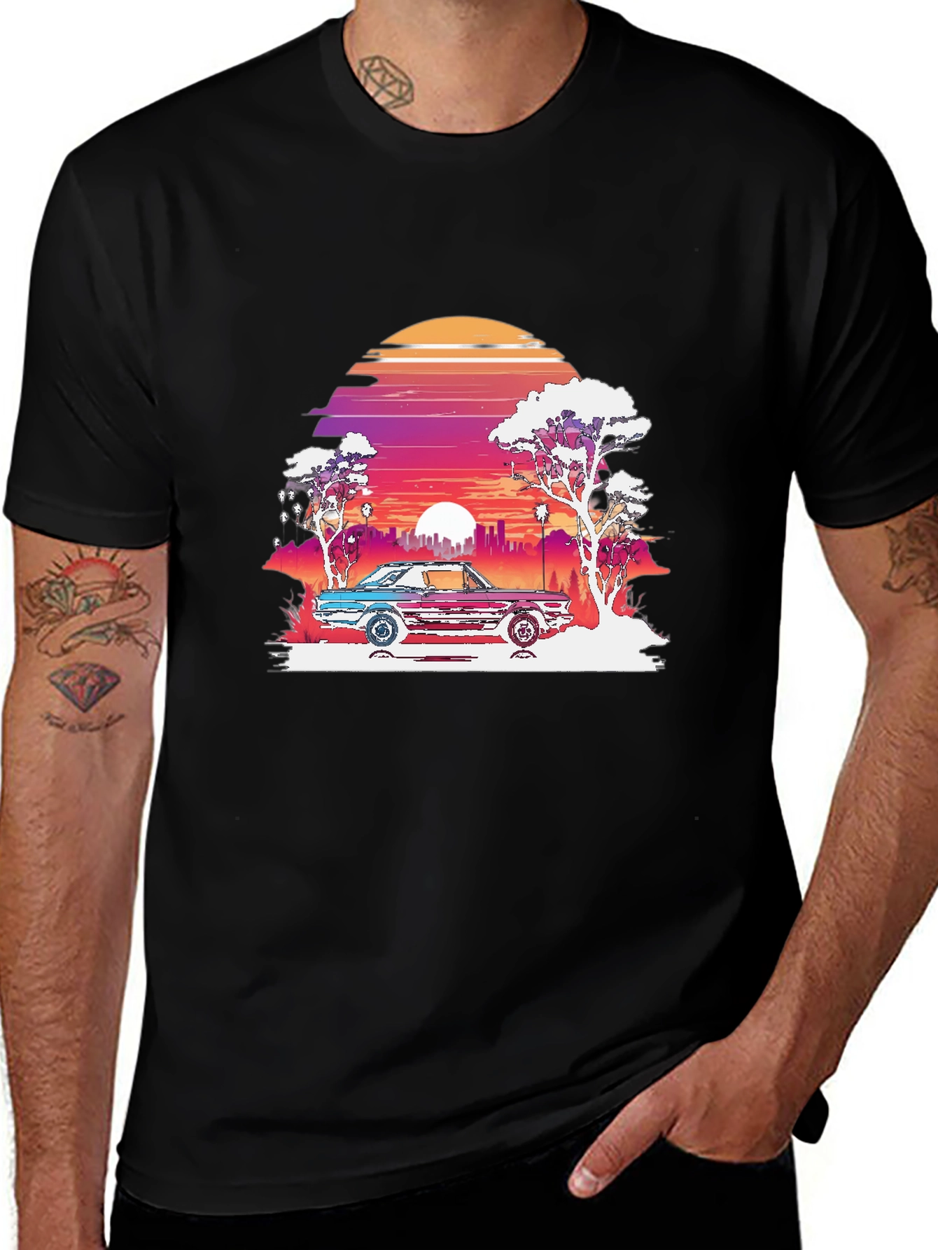 Retro Sunset Car Graphic Tee - Black