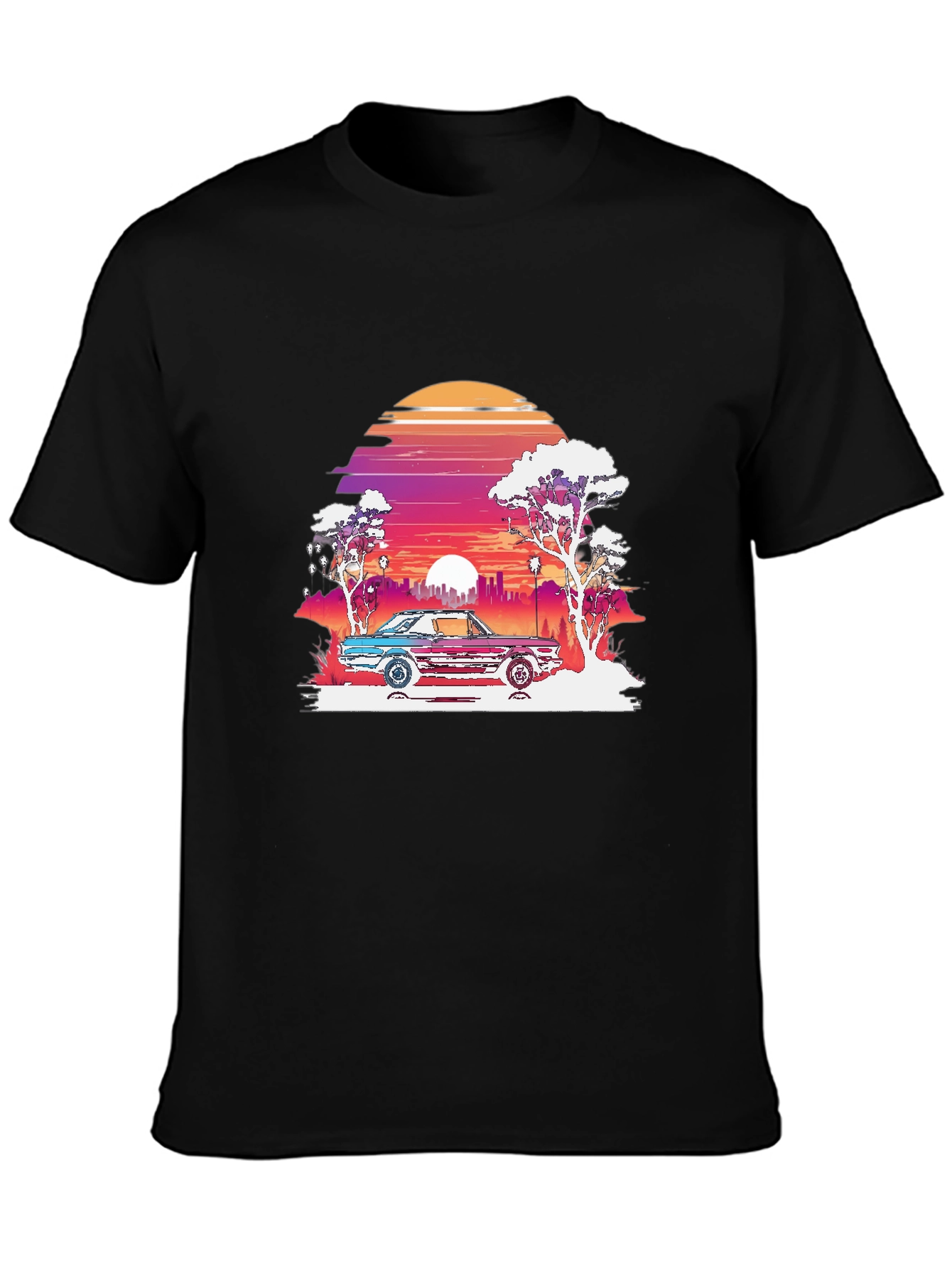 Retro Sunset Car Graphic Tee - Black
