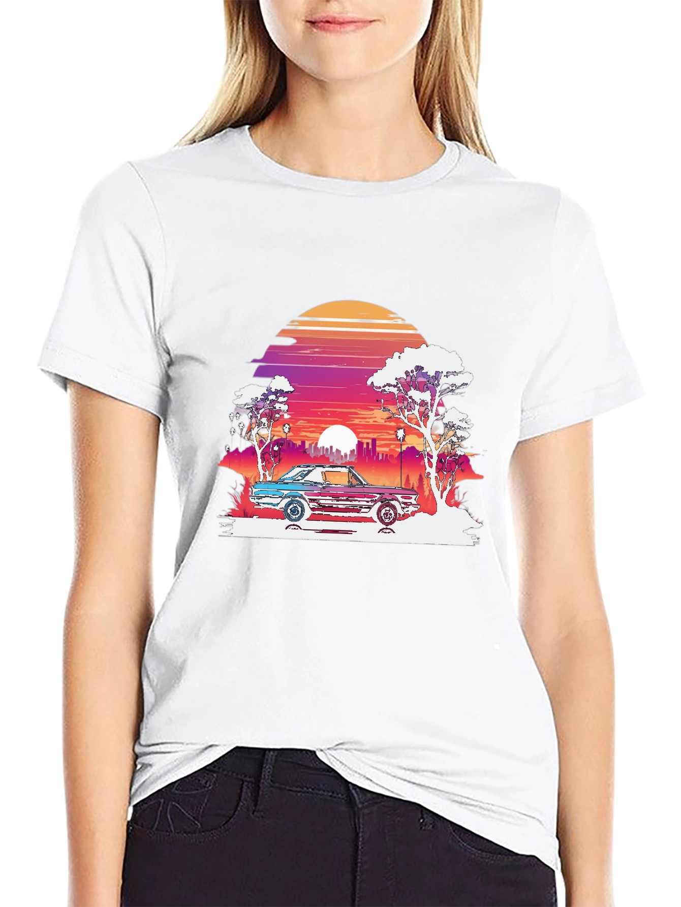 Retro Sunset Car Graphic Tee - Black