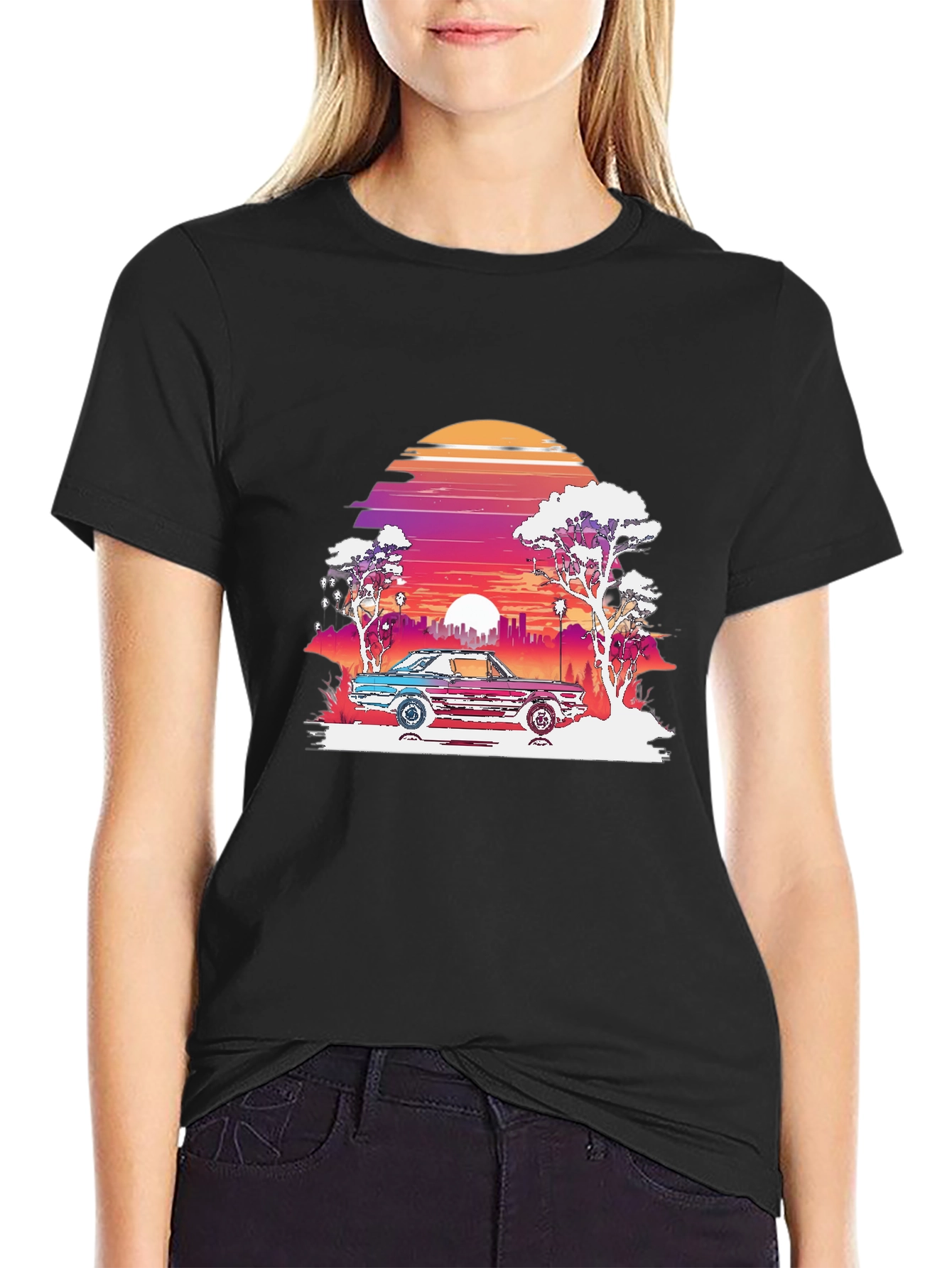Retro Sunset Car Graphic Tee - Black