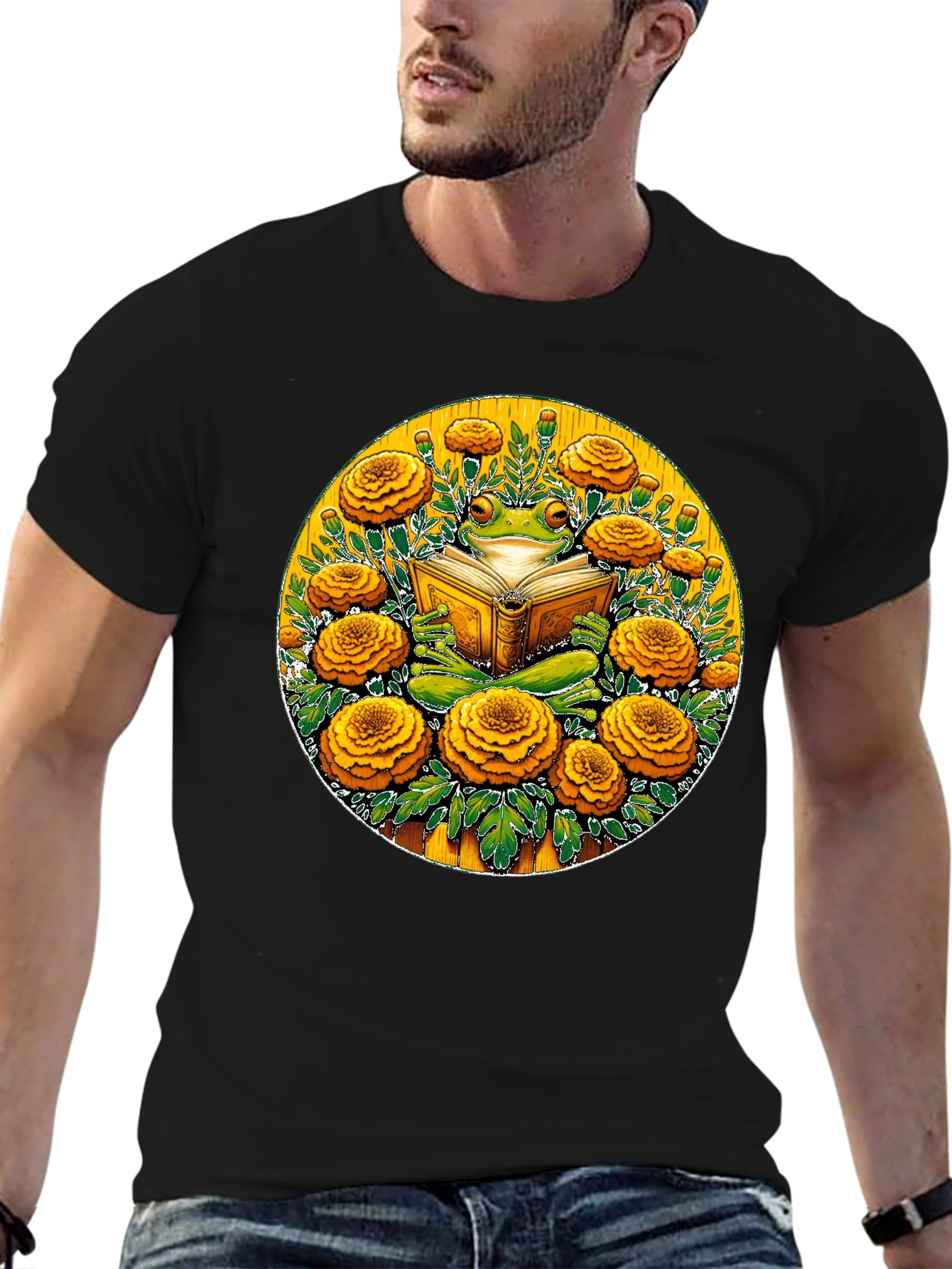 Frog Reading Book Surrounded by Flowers Black T-Shirt