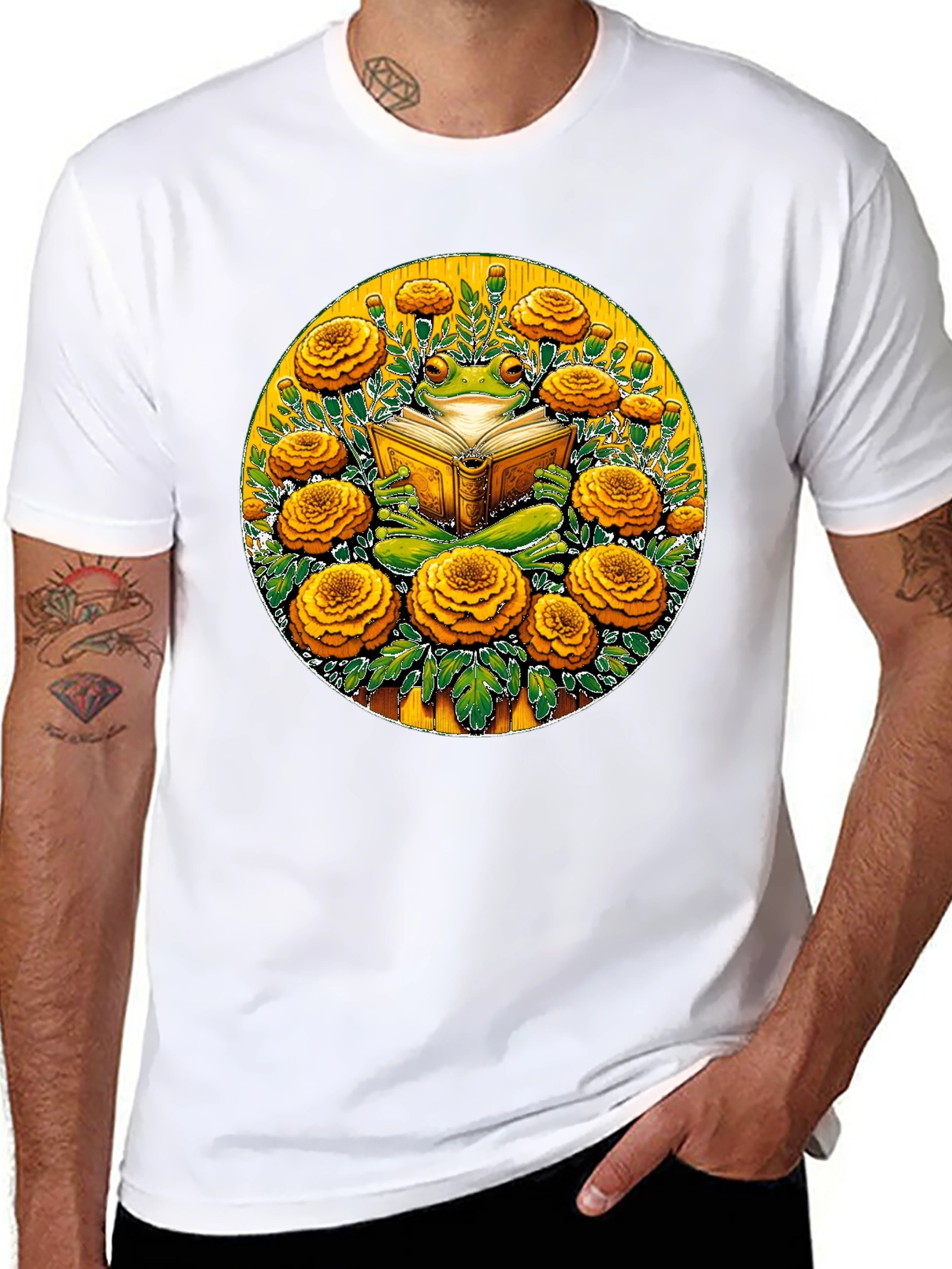 Frog Reading Book Surrounded by Flowers Black T-Shirt