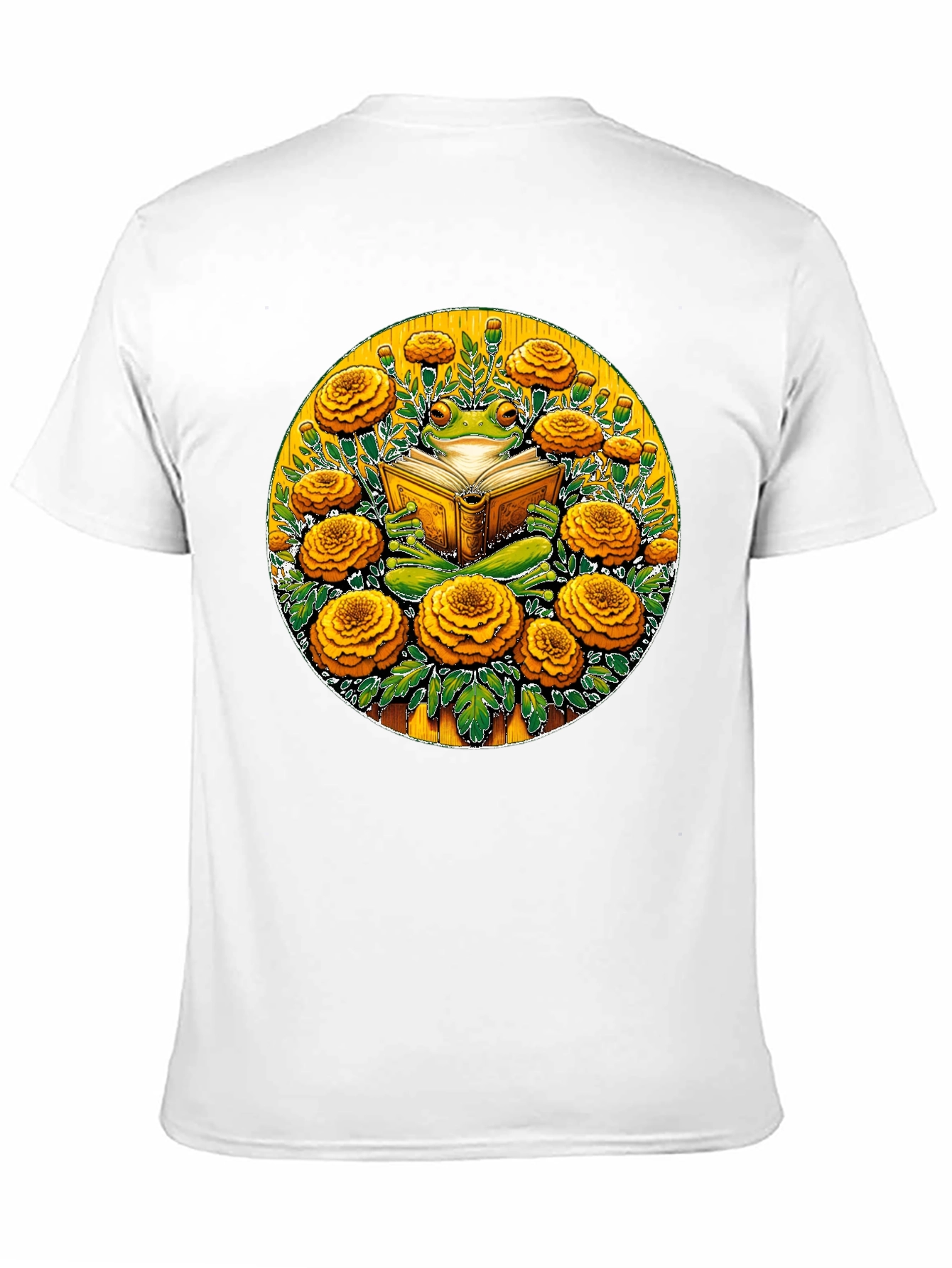 Frog Reading Book Surrounded by Flowers Black T-Shirt