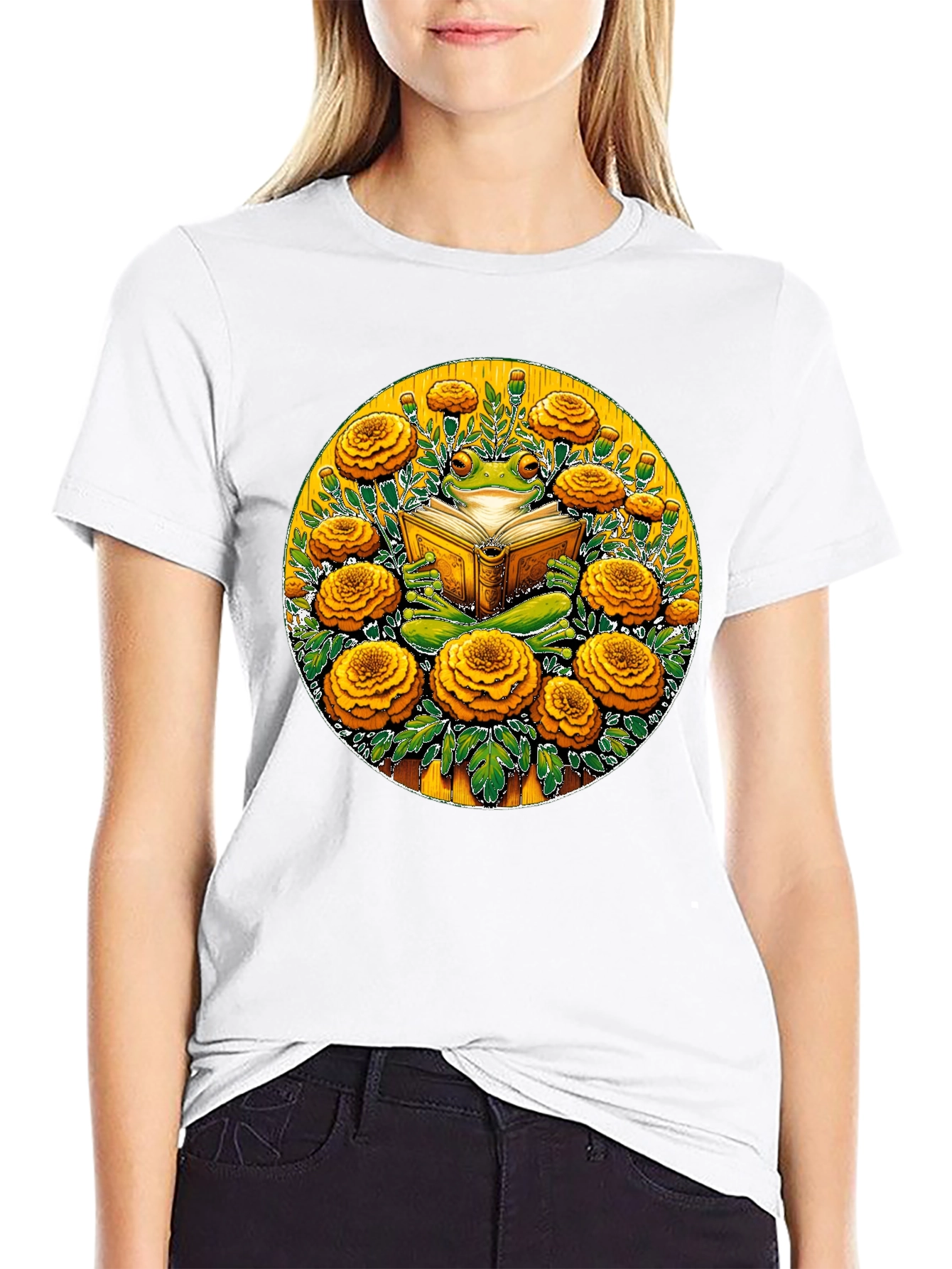 Frog Reading Book Surrounded by Flowers Black T-Shirt