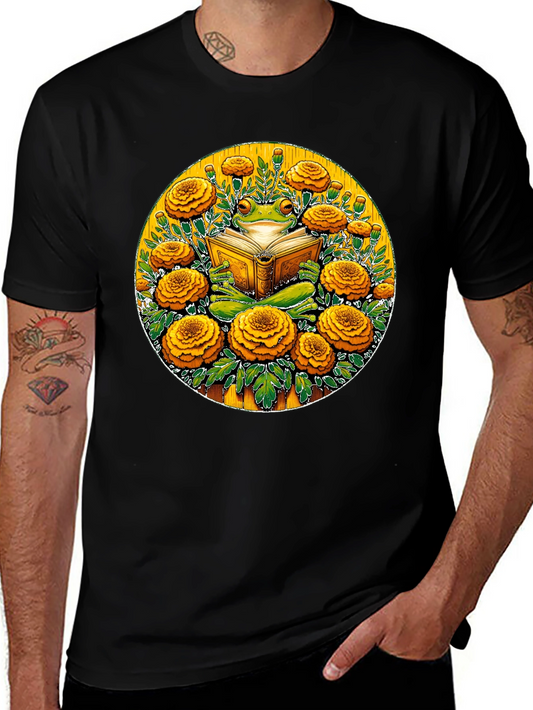 Frog Reading Book Surrounded by Flowers Black T-Shirt