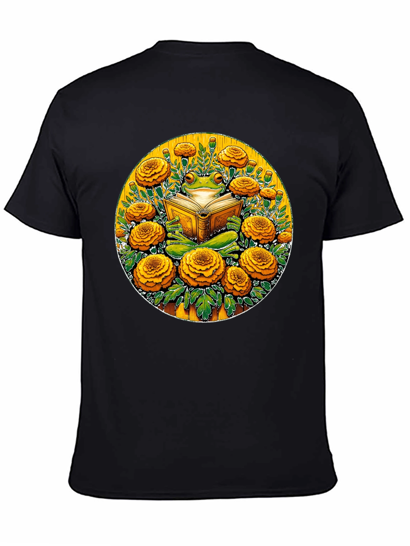 Frog Reading Book Surrounded by Flowers Black T-Shirt