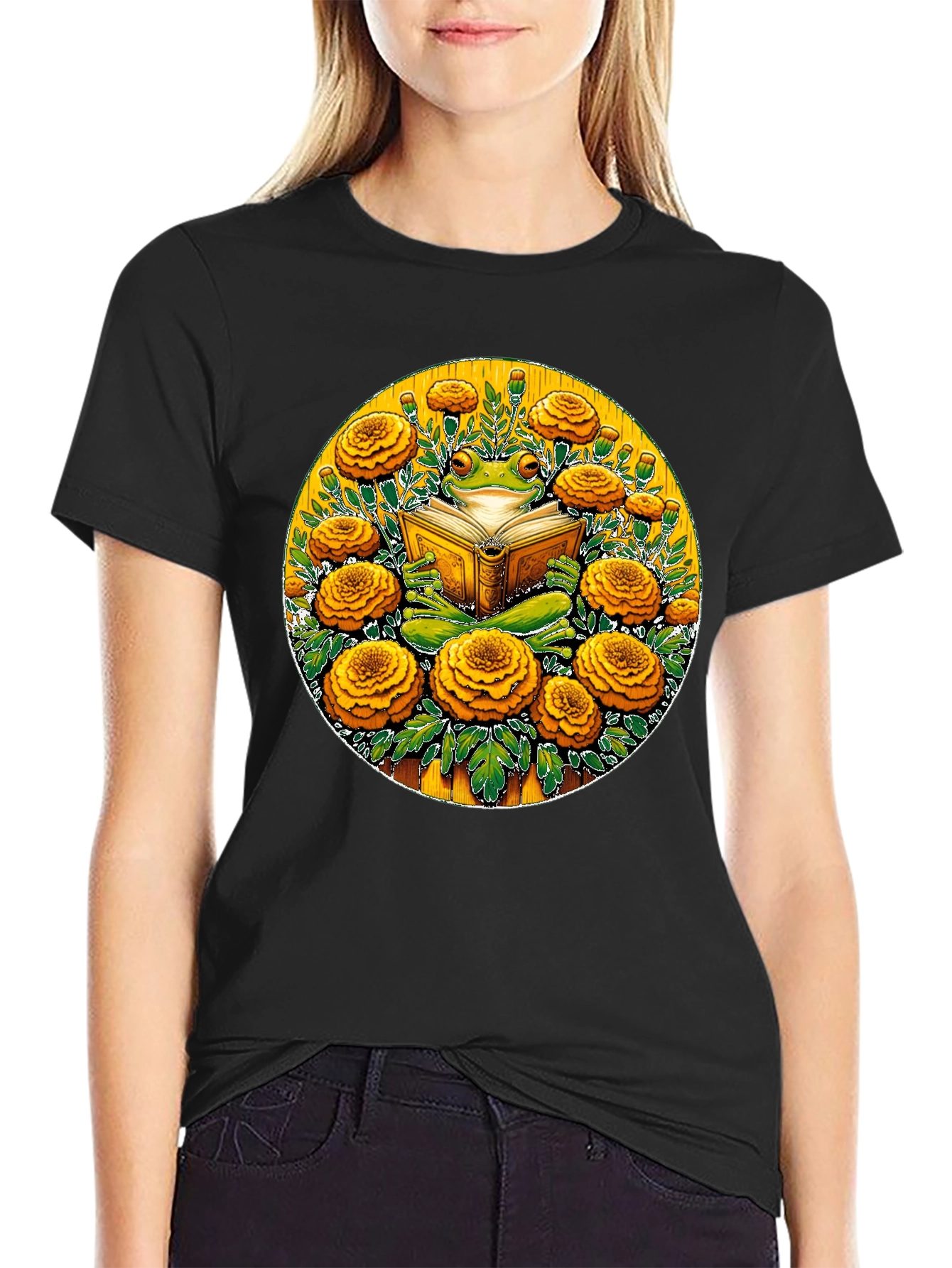 Frog Reading Book Surrounded by Flowers Black T-Shirt