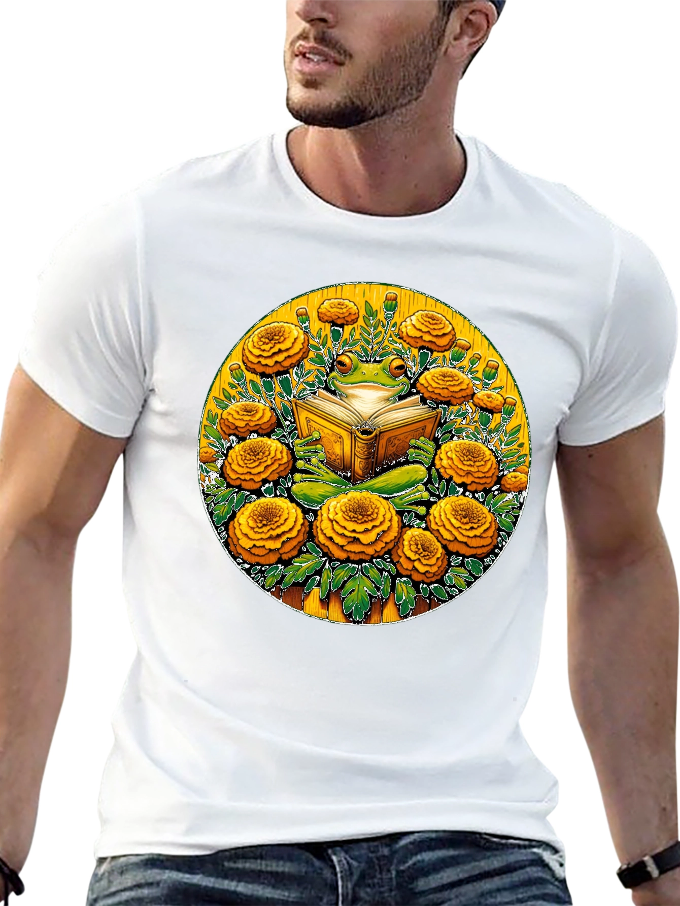 Frog Reading Book Surrounded by Flowers Black T-Shirt