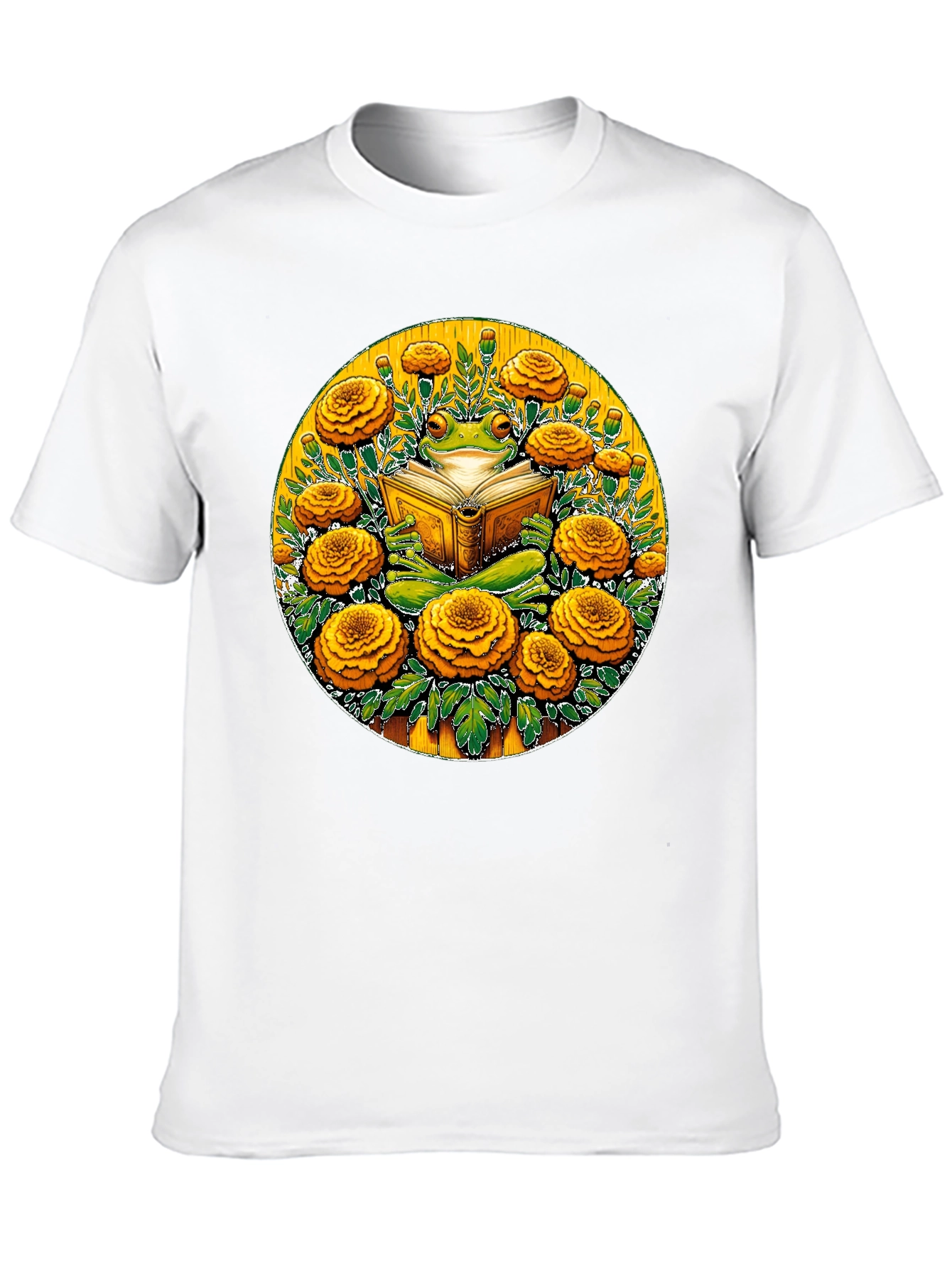Frog Reading Book Surrounded by Flowers Black T-Shirt