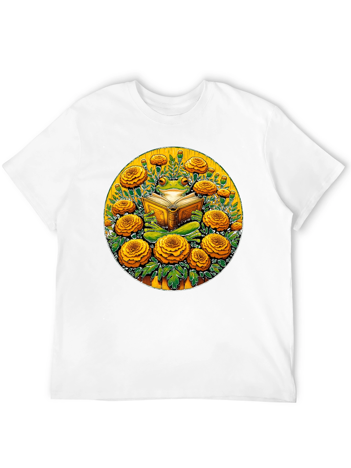 Frog Reading Book Surrounded by Flowers Black T-Shirt