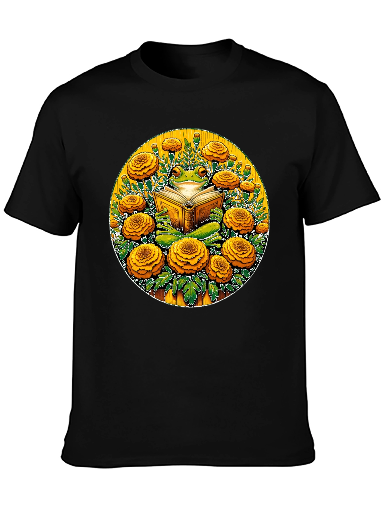 Frog Reading Book Surrounded by Flowers Black T-Shirt