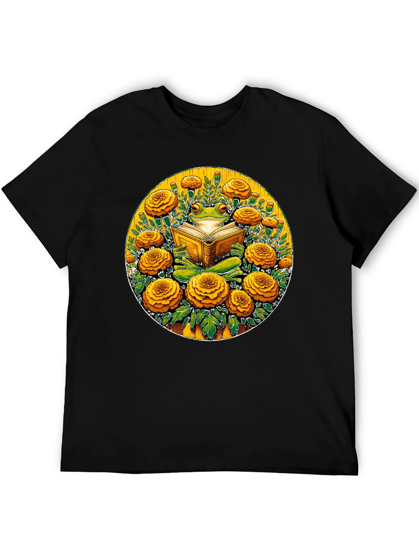 Frog Reading Book Surrounded by Flowers Black T-Shirt