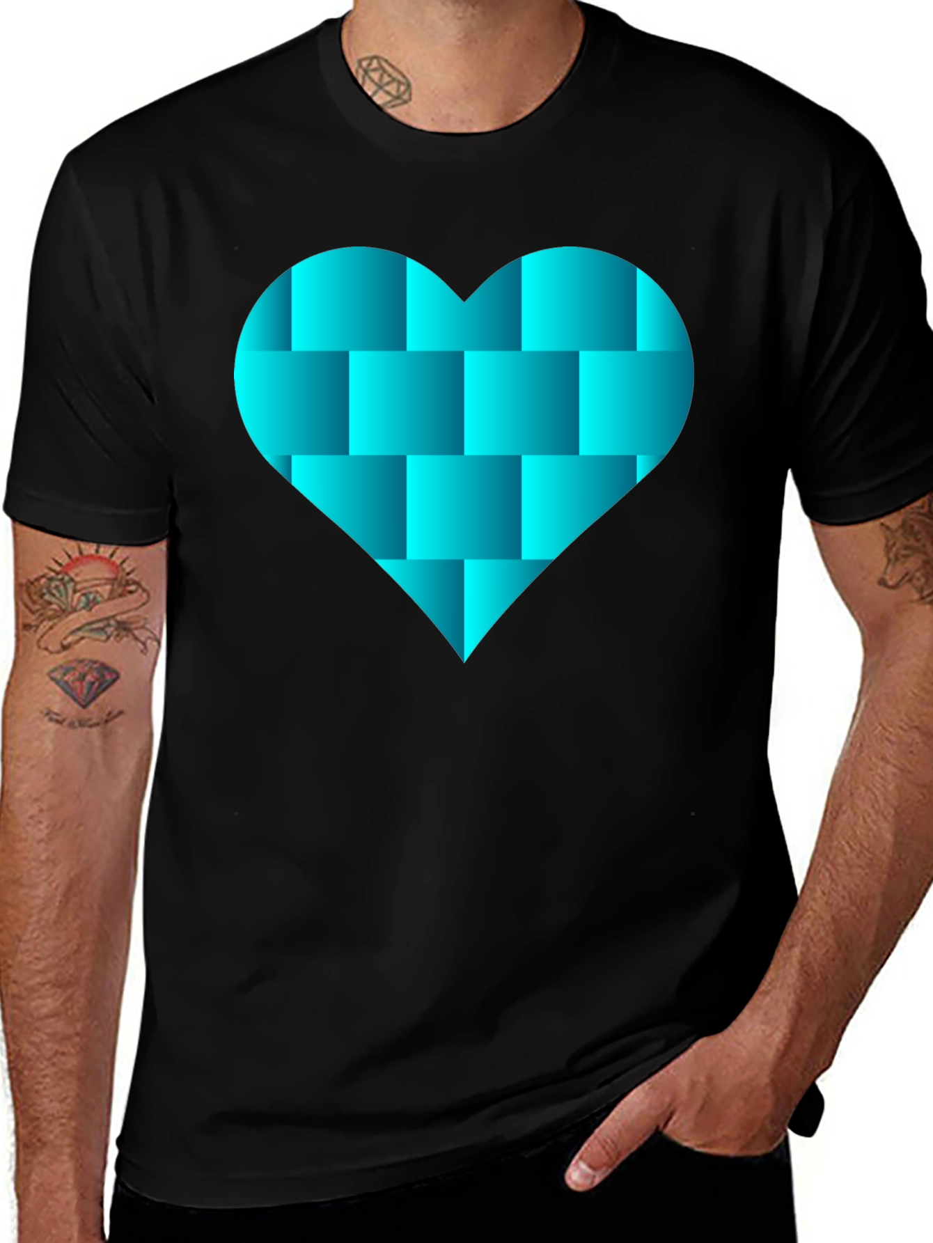 Geometric Heart Graphic Black Tee Shirt