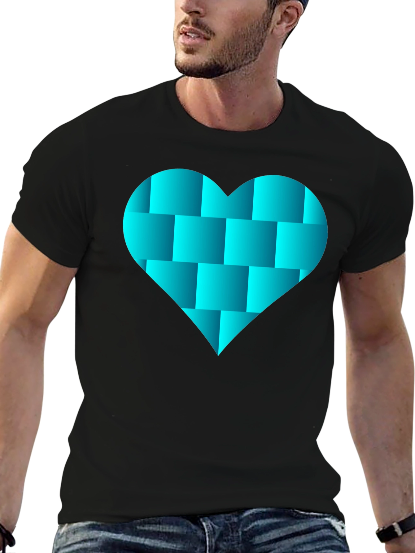 Geometric Heart Graphic Black Tee Shirt