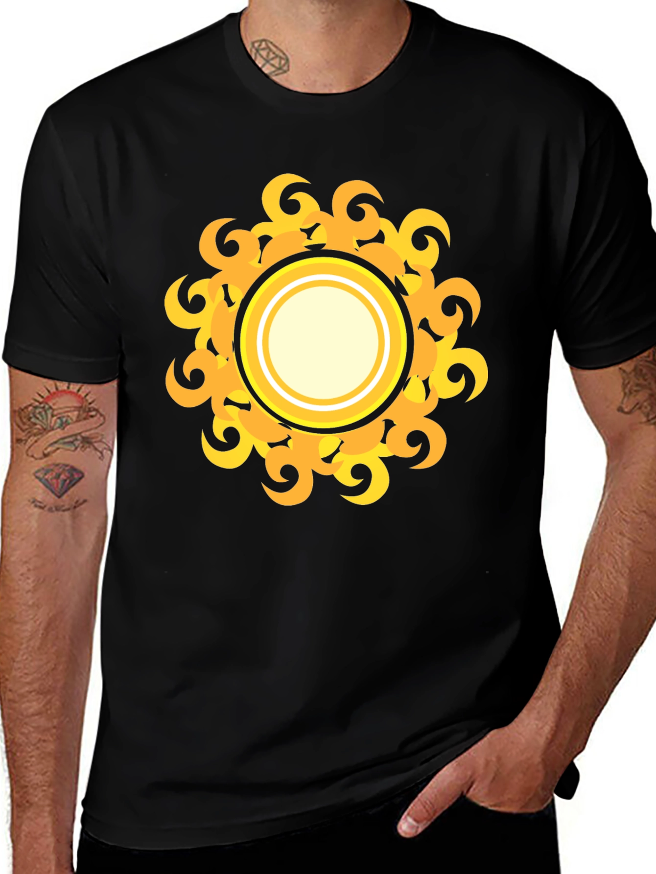 Black T-Shirt with Yellow Sun Design