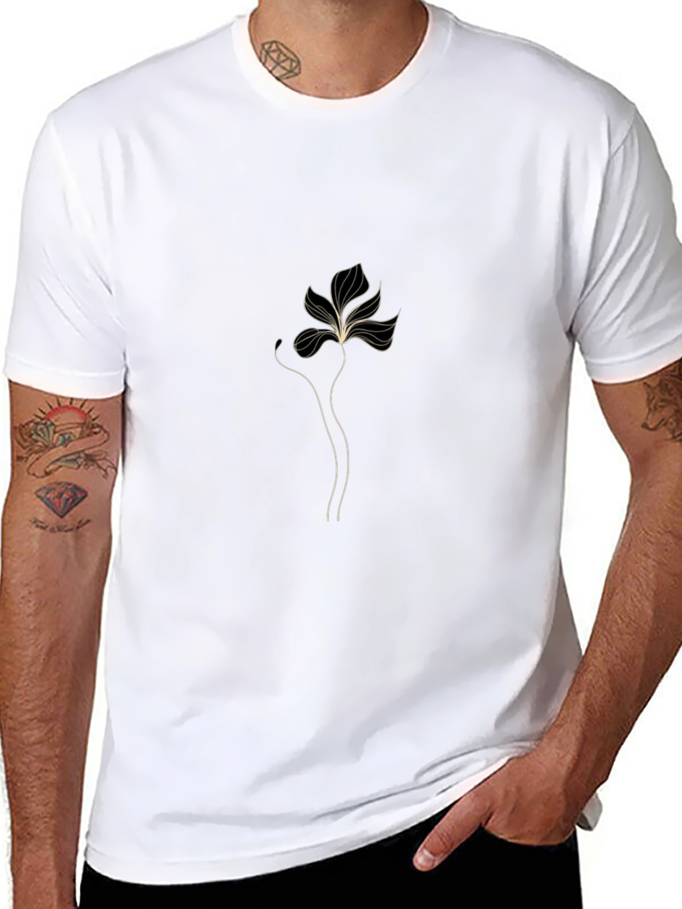 Minimalist Floral Line Art Black T-Shirt