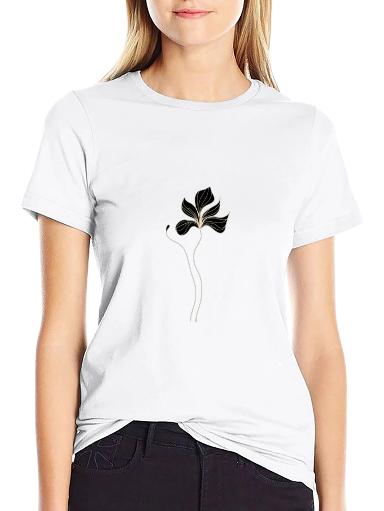Minimalist Floral Line Art Black T-Shirt