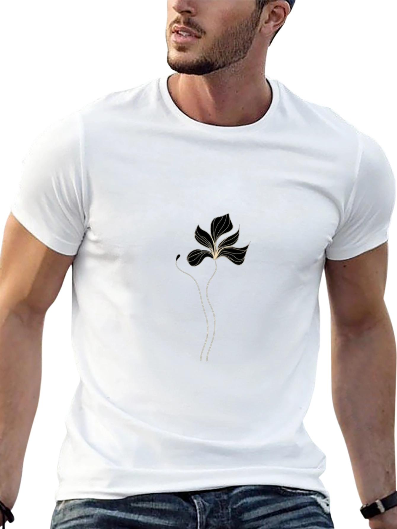 Minimalist Floral Line Art Black T-Shirt