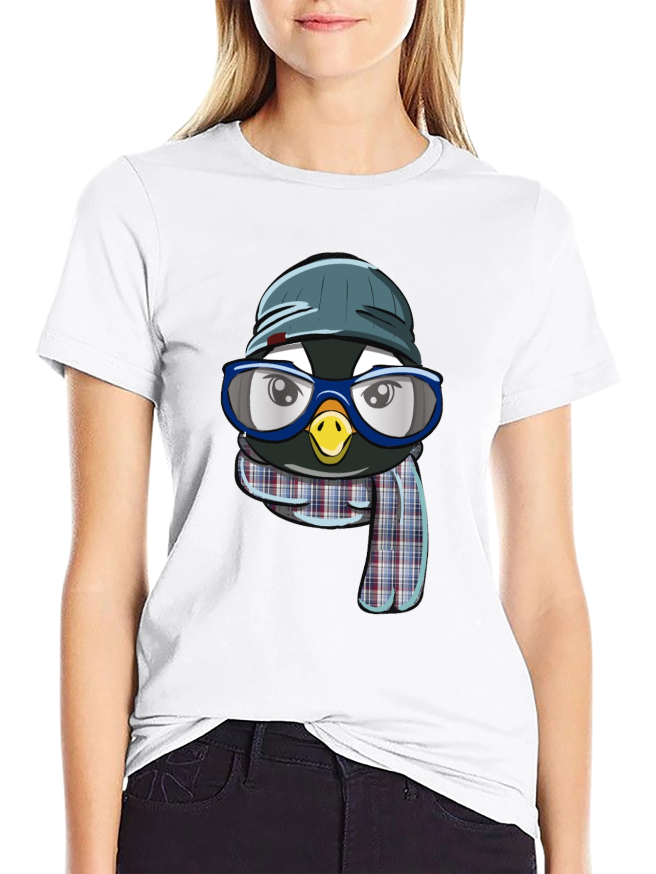 Penguin with Hat & Glasses Black T-Shirt