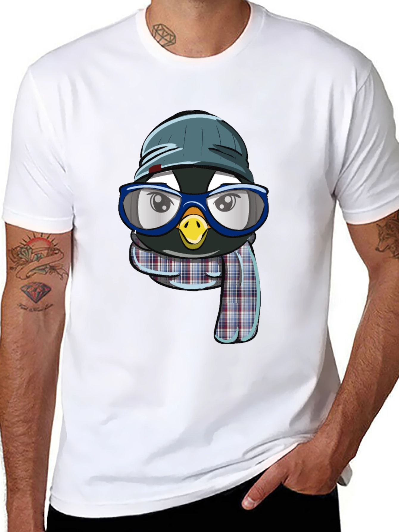 Penguin with Hat & Glasses Black T-Shirt