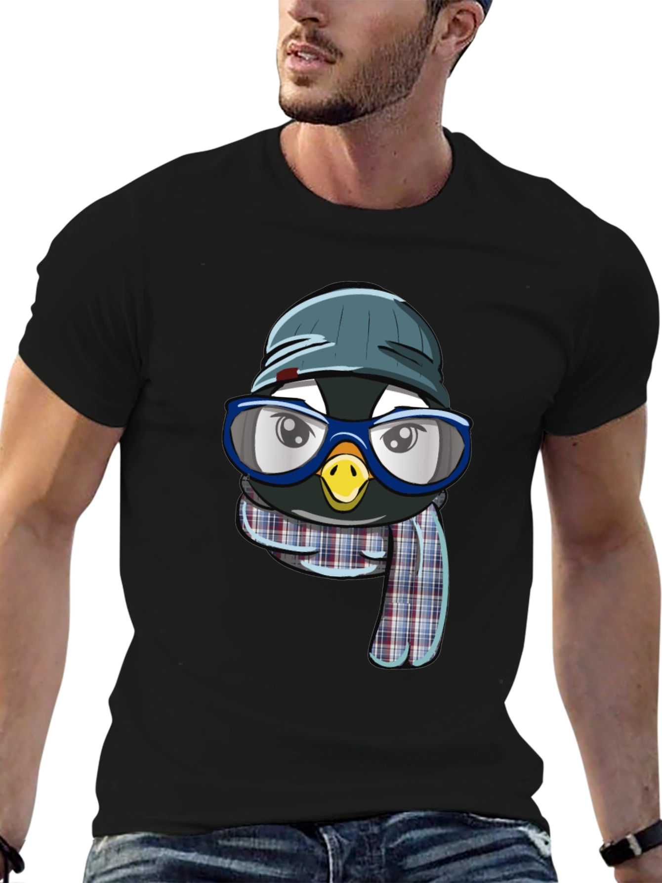 Penguin with Hat & Glasses Black T-Shirt
