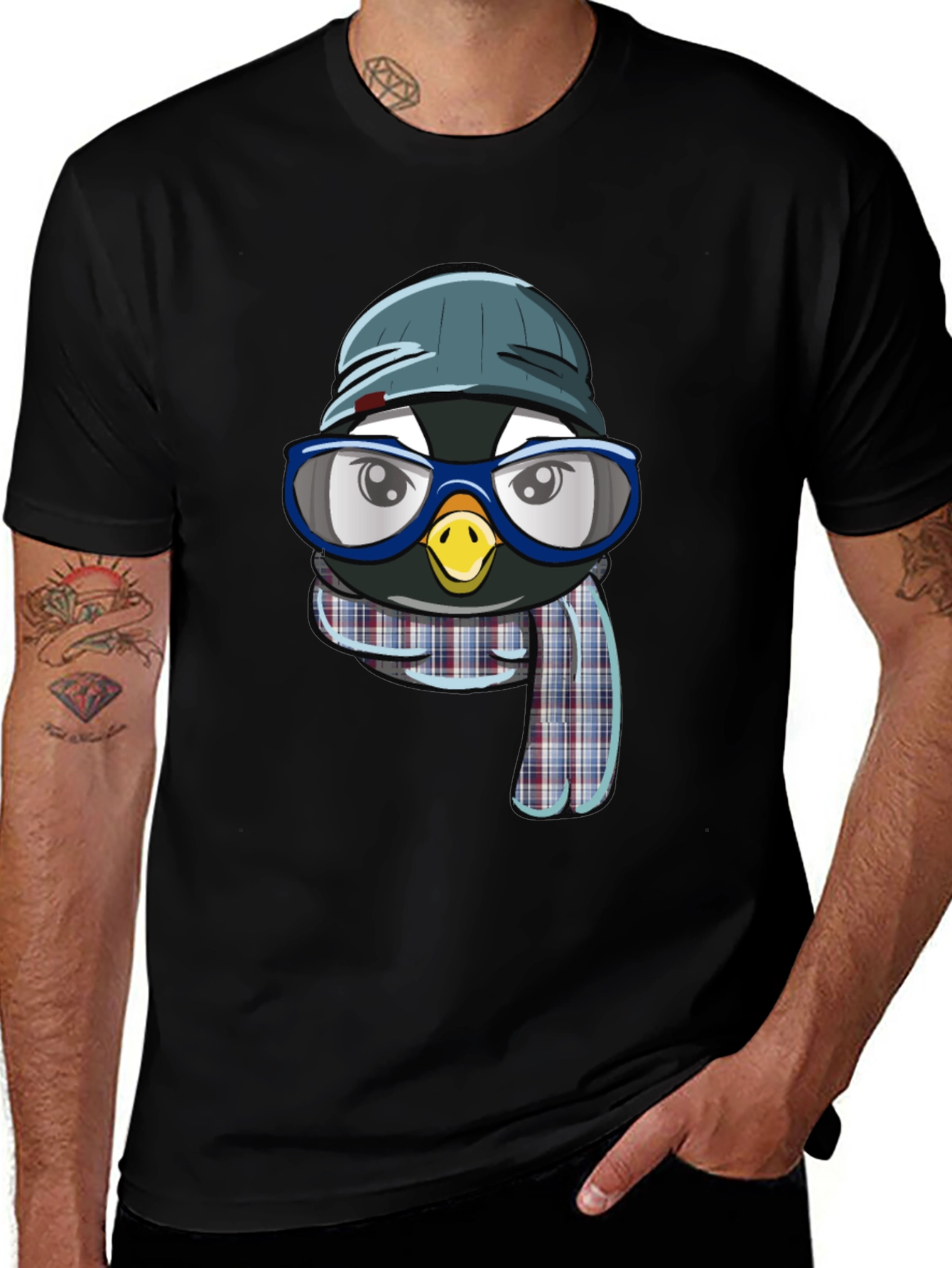 Penguin with Hat & Glasses Black T-Shirt