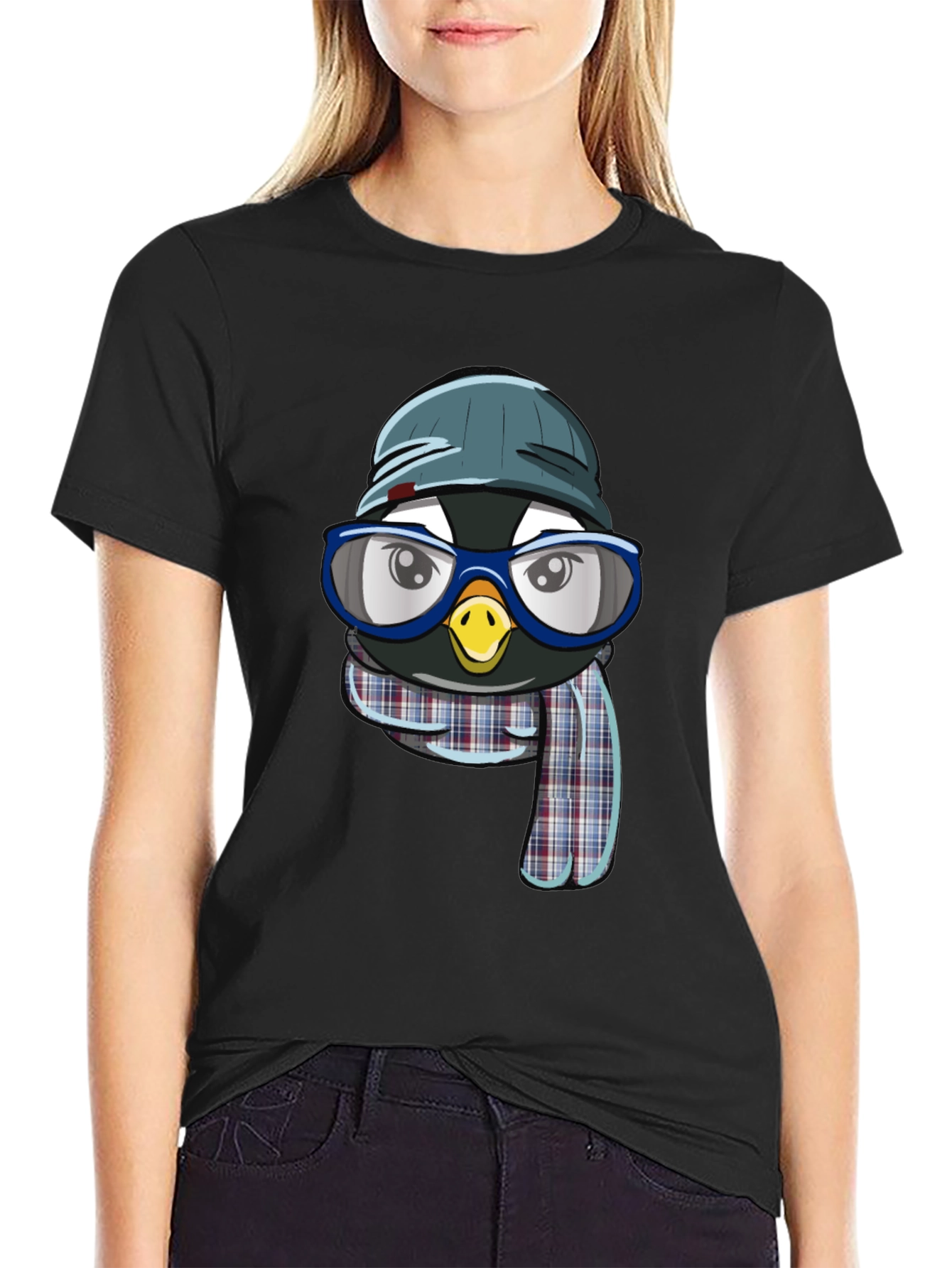 Penguin with Hat & Glasses Black T-Shirt