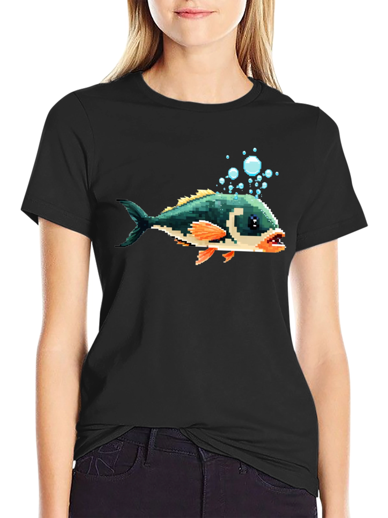Pixel Fish Graphic Tee - Black Cotton T-Shirt