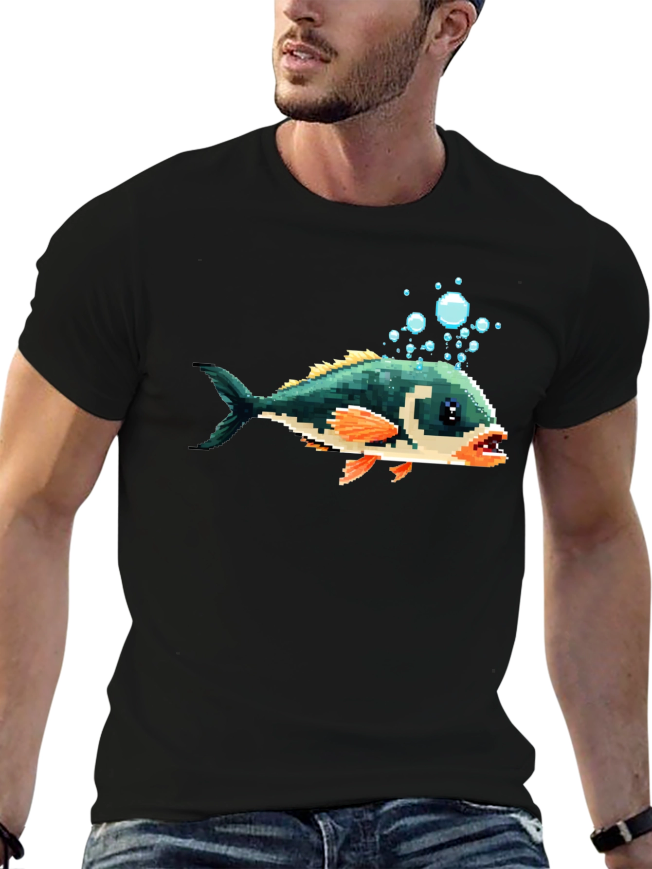 Pixel Fish Graphic Tee - Black Cotton T-Shirt