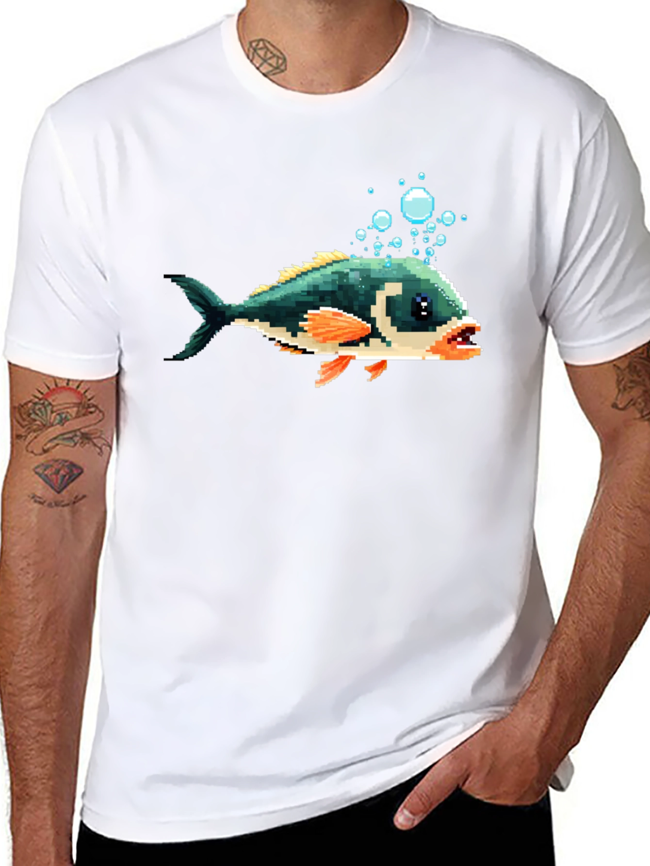Pixel Fish Graphic Tee - Black Cotton T-Shirt