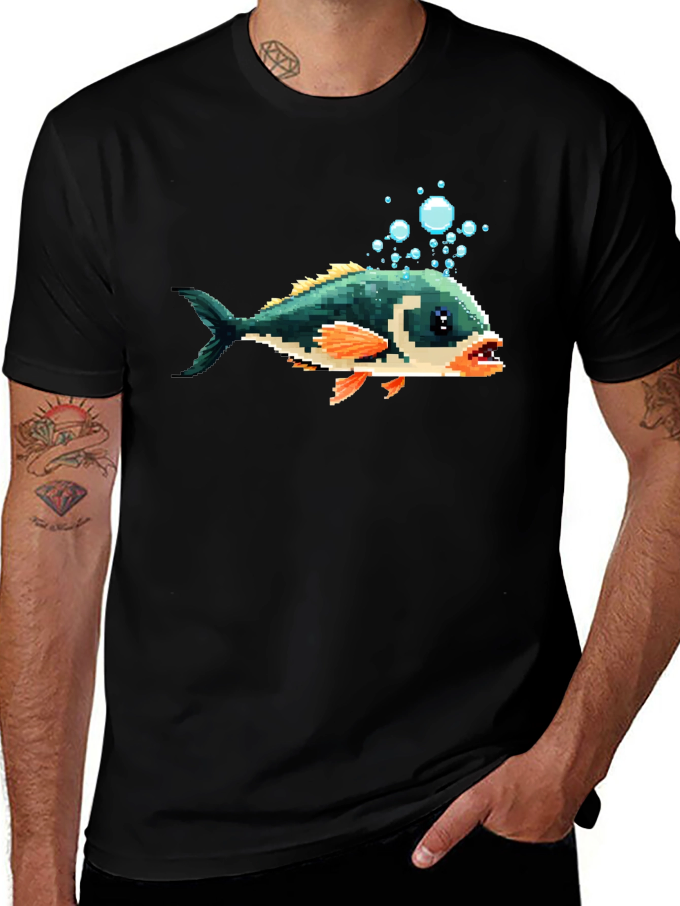 Pixel Fish Graphic Tee - Black Cotton T-Shirt