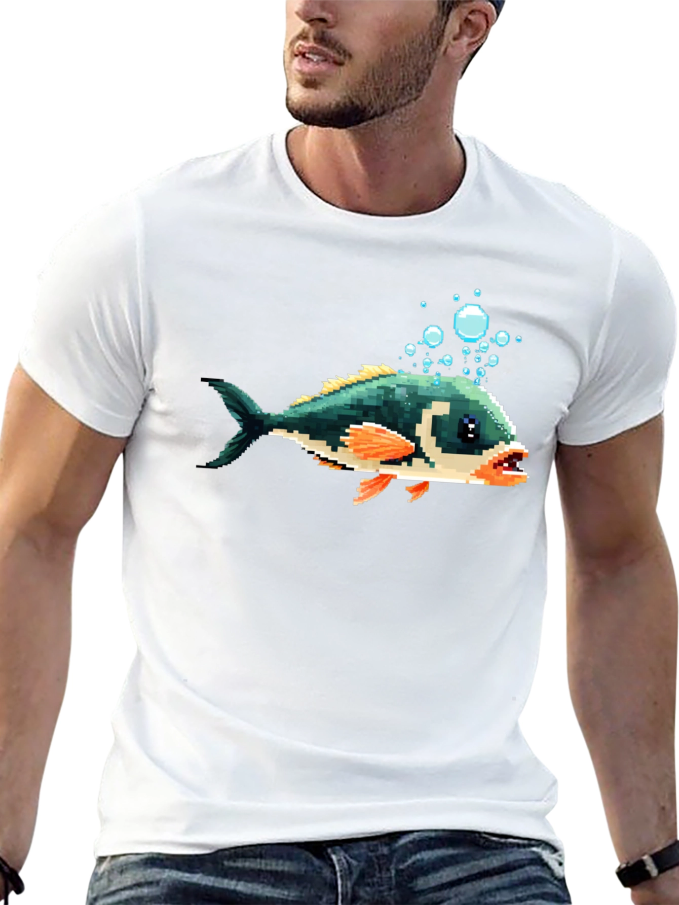Pixel Fish Graphic Tee - Black Cotton T-Shirt